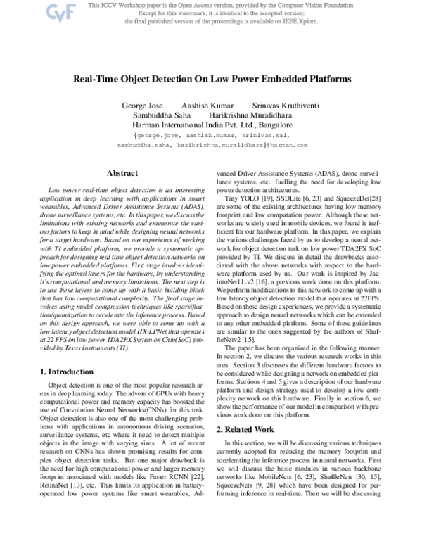 (PDF) Real-Time Object Detection On Low Power Embedded Platforms