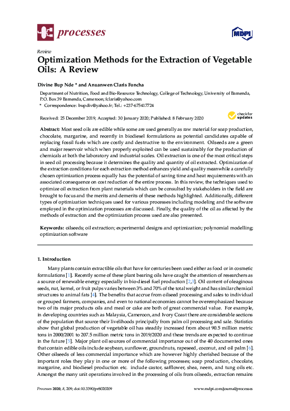 (PDF) Optimization Methods for the Extraction of Vegetable Oils A