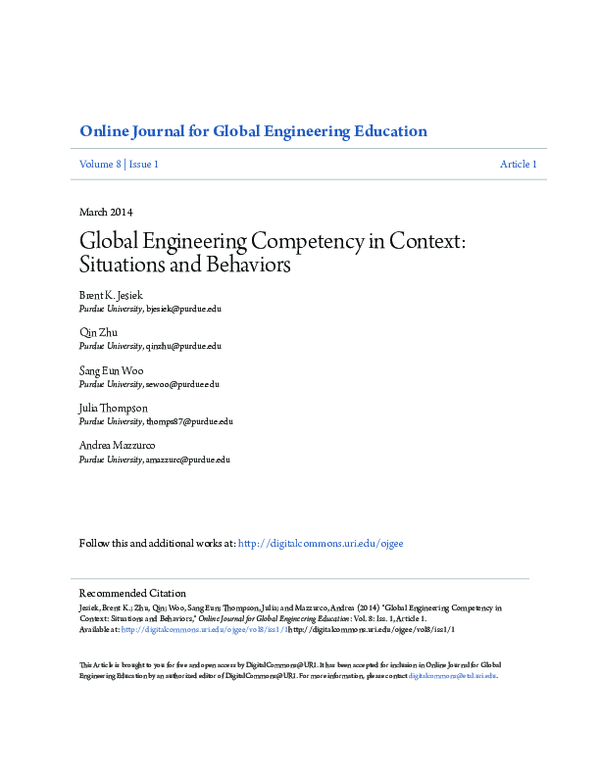 (PDF) Global Engineering Competency in Context: Situations and Behaviors