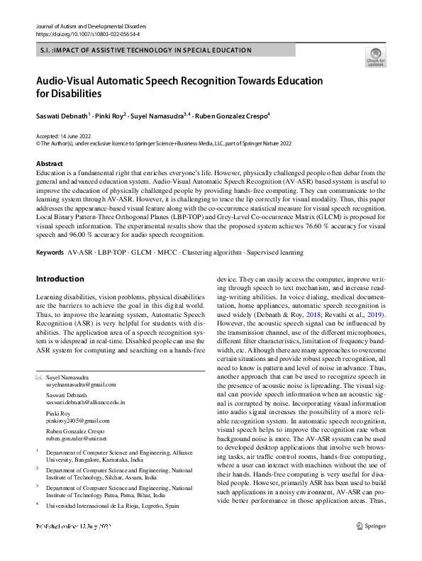 (PDF) Audio-Visual Automatic Speech Recognition Towards Education for ...