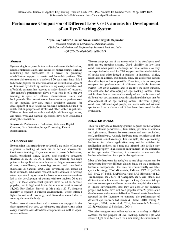 (PDF) Performance Comparison of Different Low Cost Cameras for ...