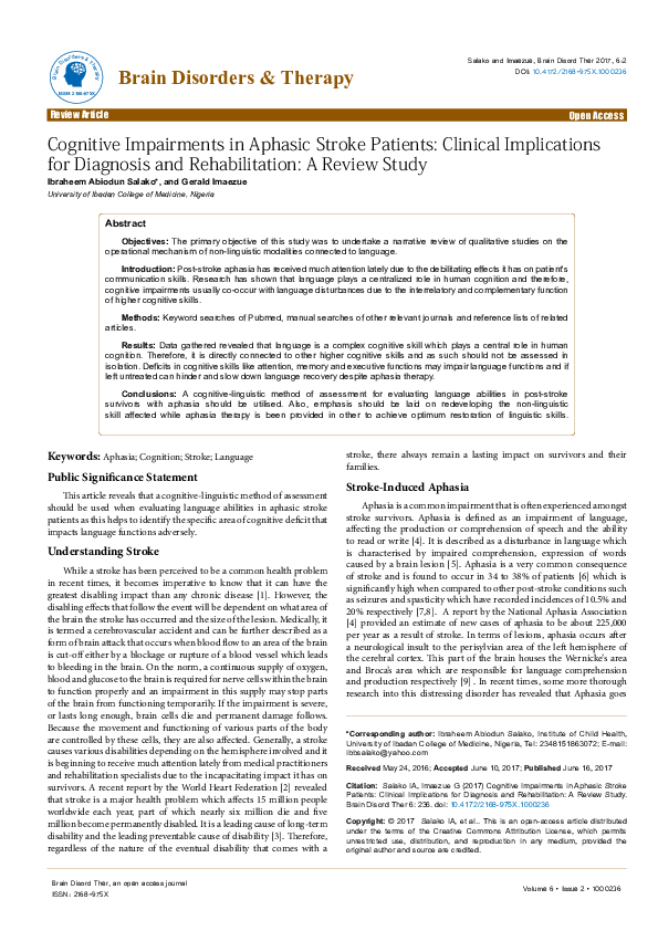 (PDF) Cognitive Impairments in Aphasic Stroke Patients: Clinical ...