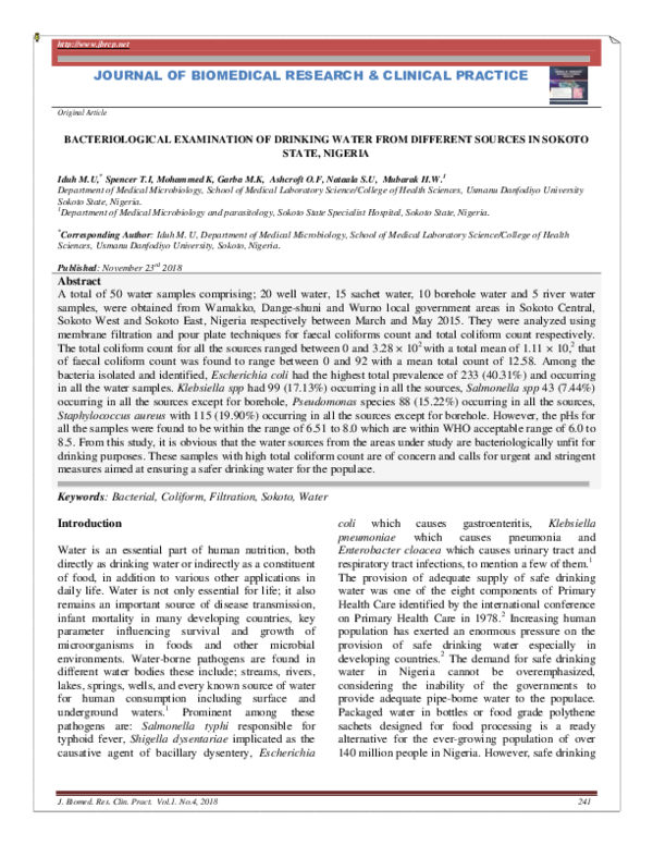 (PDF) Bacteriological Examination of Drinking Water from Different ...