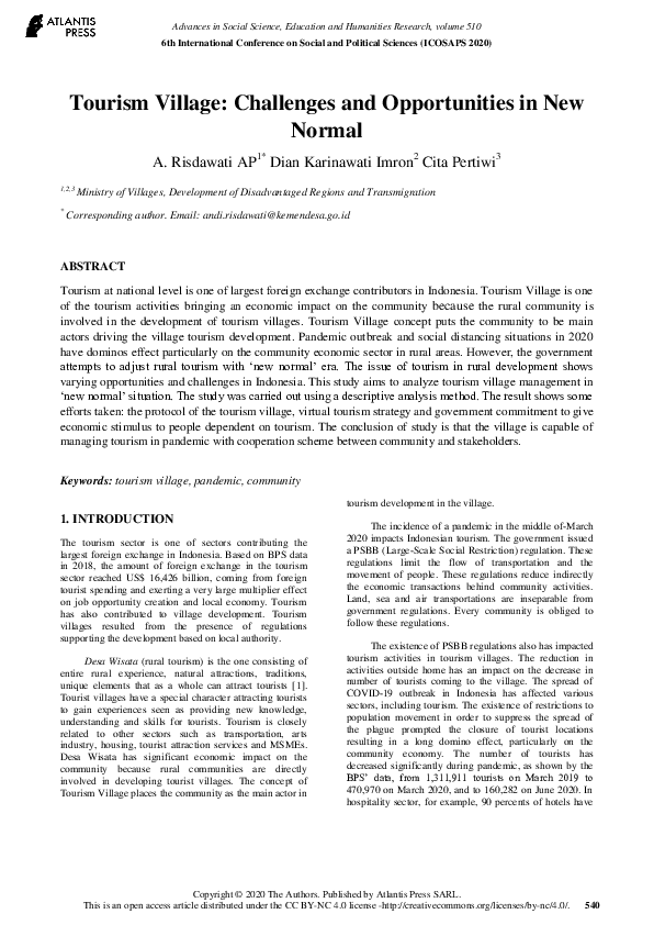 (PDF) Tourism Village: Challenges and Opportunities in New Normal