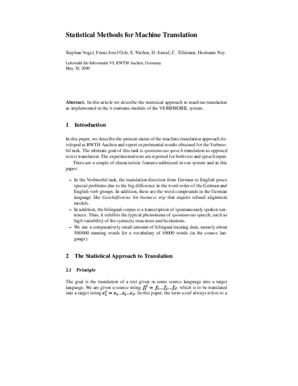 (PDF) Statistical Methods for Machine Translation
