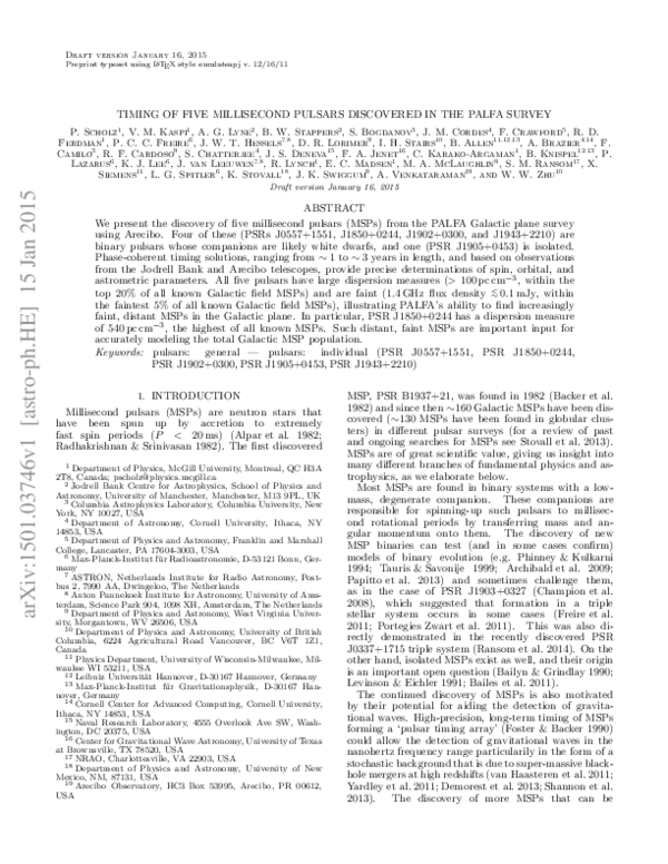 (PDF) Timing of Five Millisecond Pulsars Discovered in the Palfa Survey