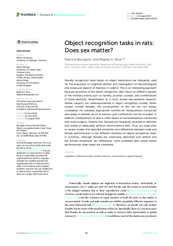 (PDF) Object recognition tasks in rats: Does sex matter?