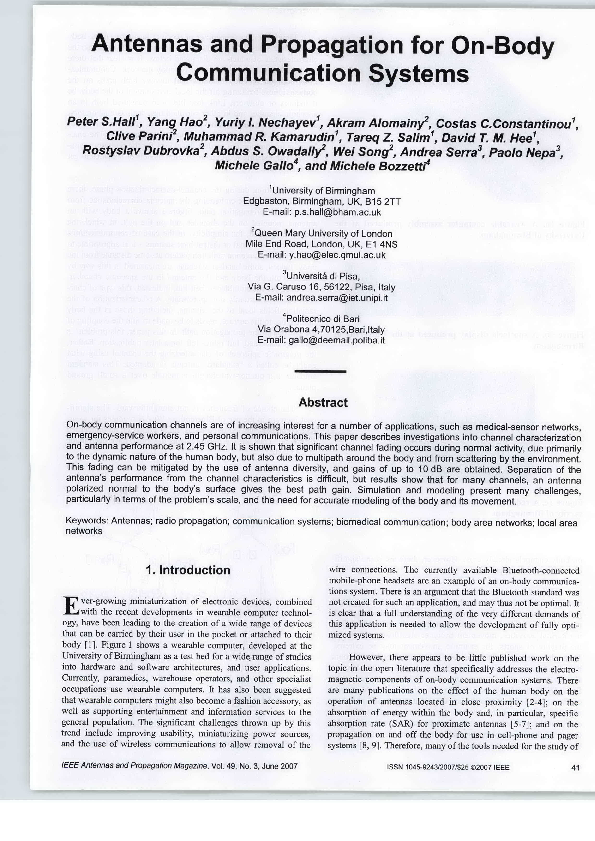 (PDF) Antennas and propagation for onbody communication systems R
