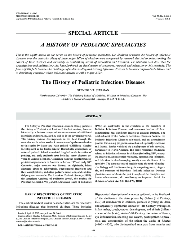 (PDF) The History of Pediatric Infectious Diseases