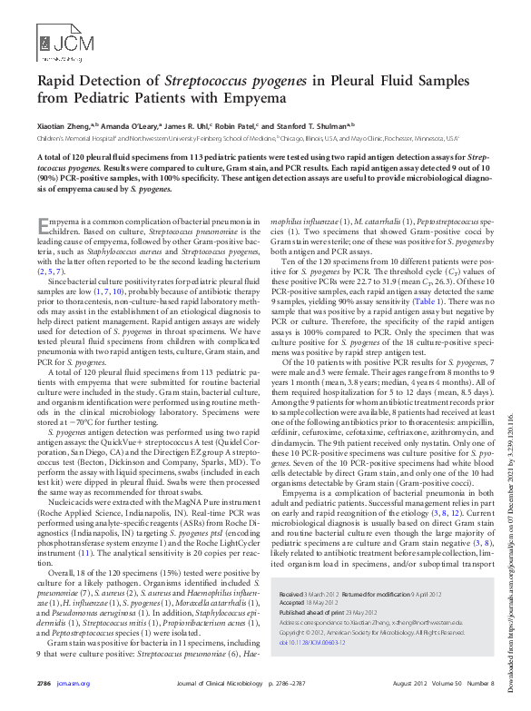 (PDF) Rapid Detection of Streptococcus pyogenes in Pleural Fluid ...