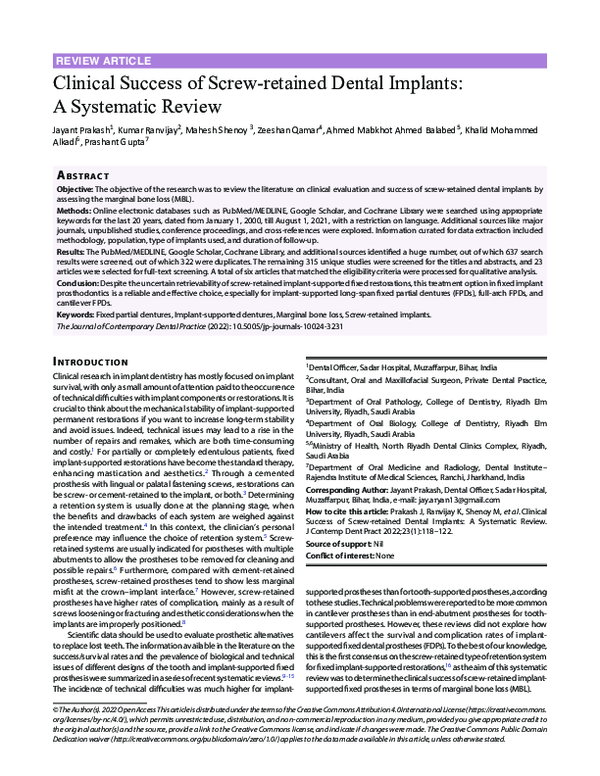 (PDF) Clinical Success of Screwretained Dental Implants A Systematic