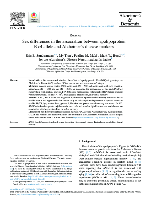 (PDF) Sex differences in the association between apolipoprotein E ε4 ...