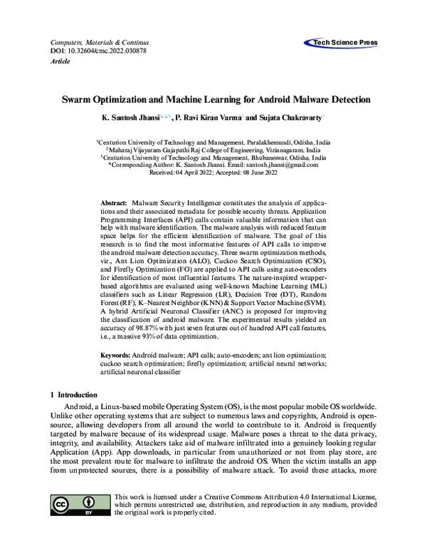 (PDF) Swarm Optimization and Machine Learning for Android Malware Detection