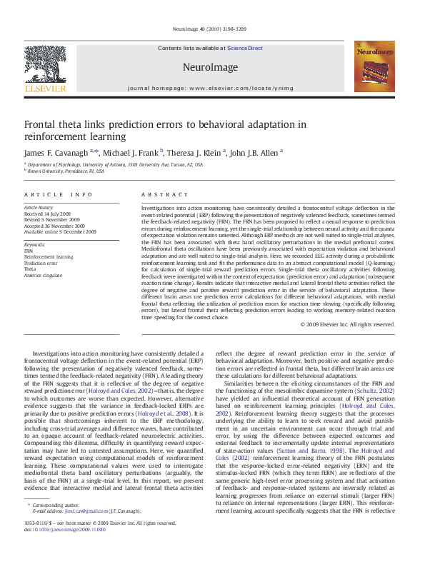 (PDF) Frontal theta links prediction errors to behavioral adaptation in ...