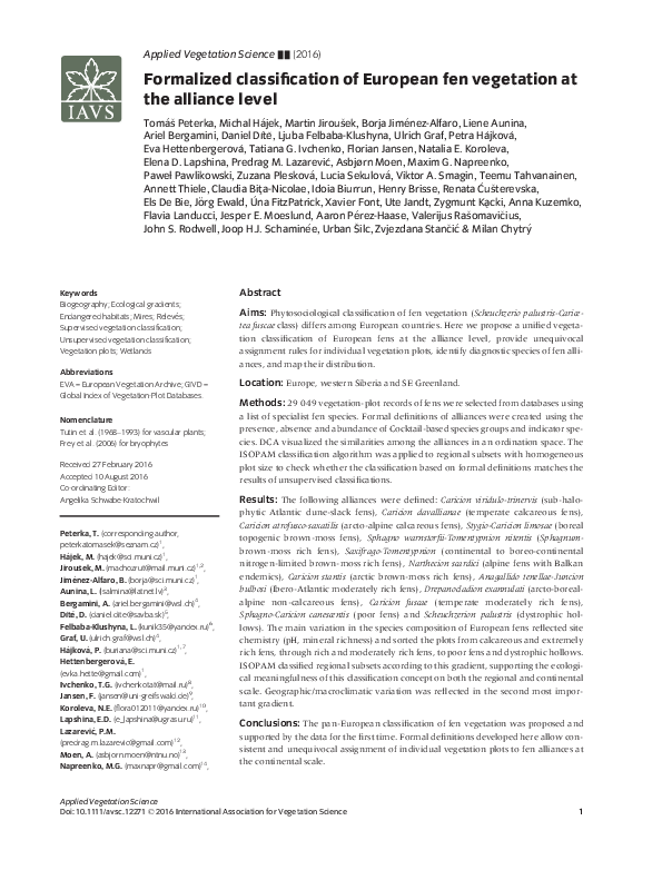 (PDF) Formalized classification of European fen vegetation at the ...