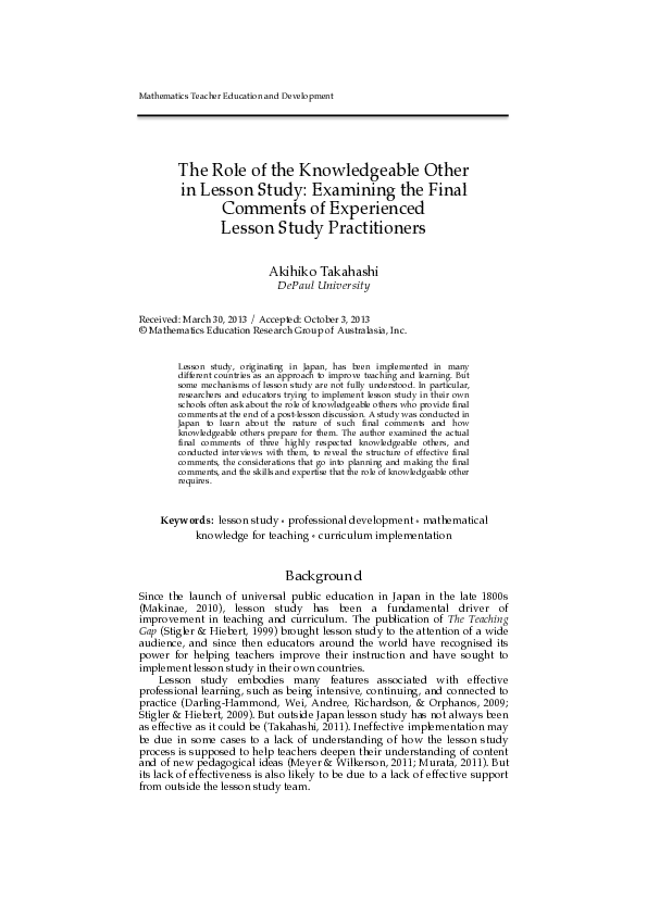 (PDF) The Role of the Knowledgeable Other in Lesson Study: Examining ...