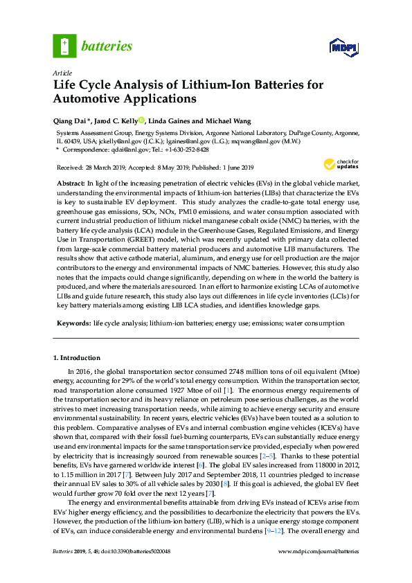 (PDF) Life Cycle Analysis of Lithium-Ion Batteries for Automotive ...