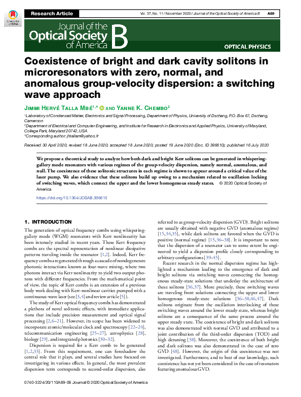 (PDF) Coexistence of bright and dark cavity solitons in microresonators ...
