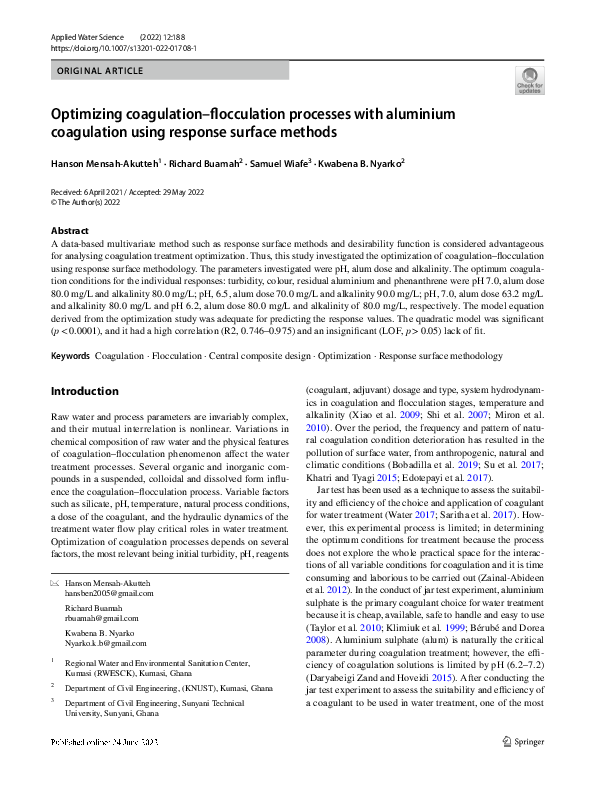 (PDF) Optimizing coagulation–flocculation processes with aluminium ...
