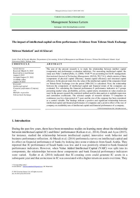 (PDF) The impact of intellectual capital on firm performance: Evidence ...