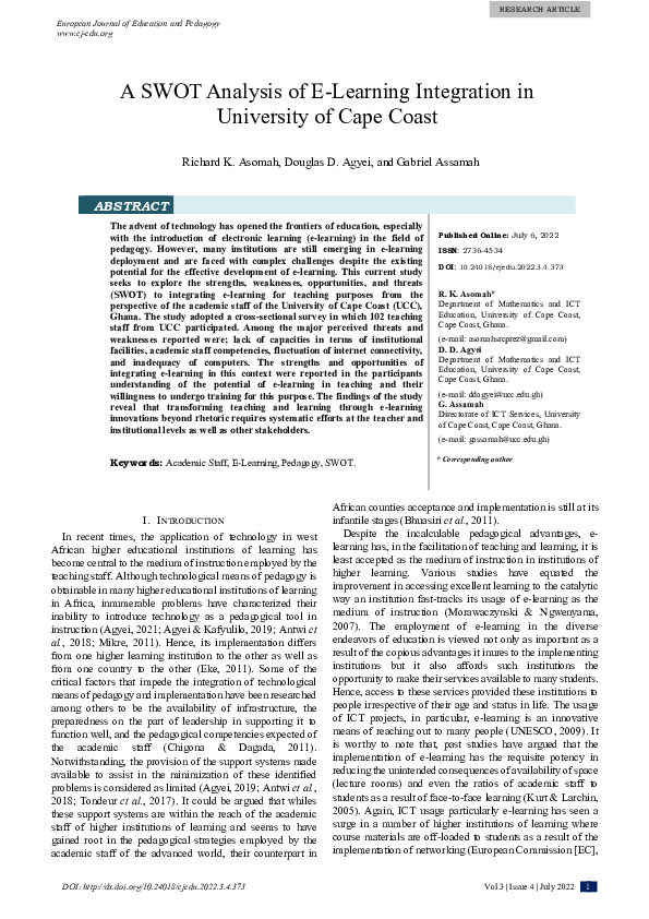 (PDF) A SWOT Analysis of E-Learning Integration in University of Cape Coast