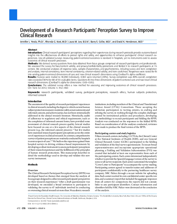 (PDF) Development of a Research Participants’ Perception Survey to ...