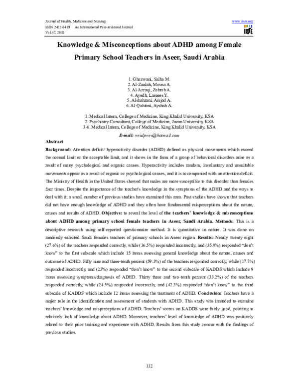(PDF) Knowledge & Misconceptions about ADHD among Female Primary School