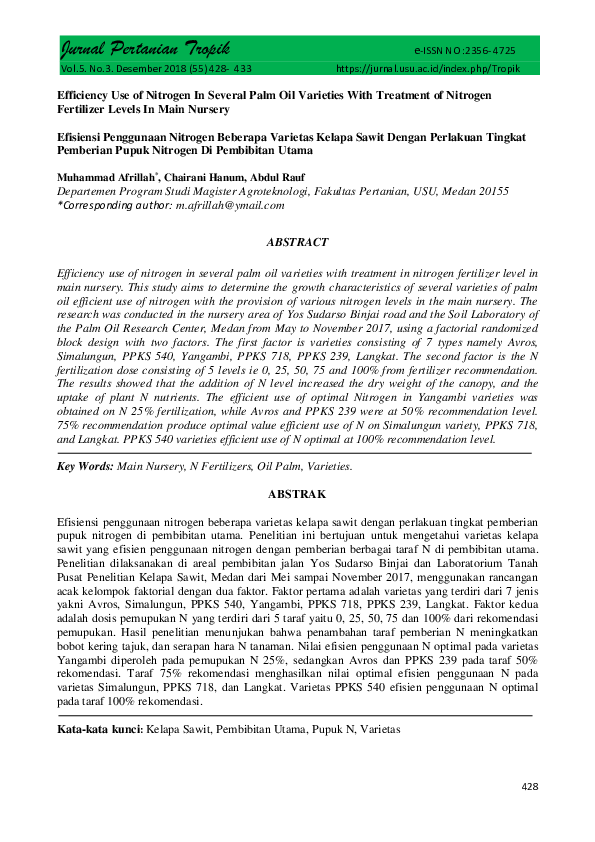(PDF) Efficiency Use of Nitrogen In Several Palm Oil Varieties With ...
