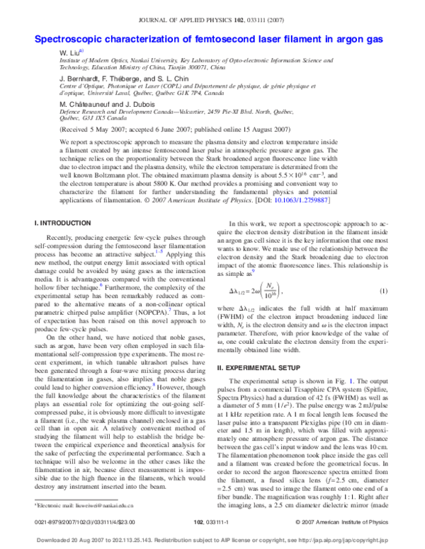 (PDF) Spectroscopic characterization of femtosecond laser filament in ...