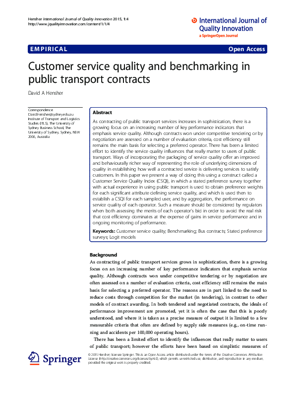 (PDF) Customer service quality and benchmarking in public transport contracts David Hensher