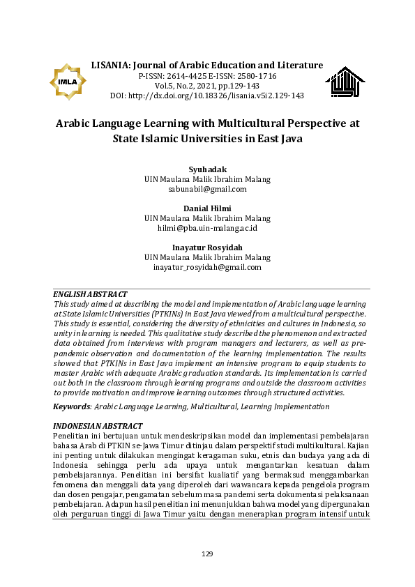 (PDF) Arabic Language Learning with Multicultural Perspective at State ...