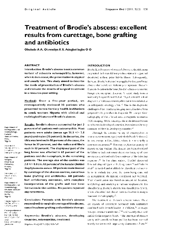 (PDF) Treatment of Brodie's abscess excellent results from curettage
