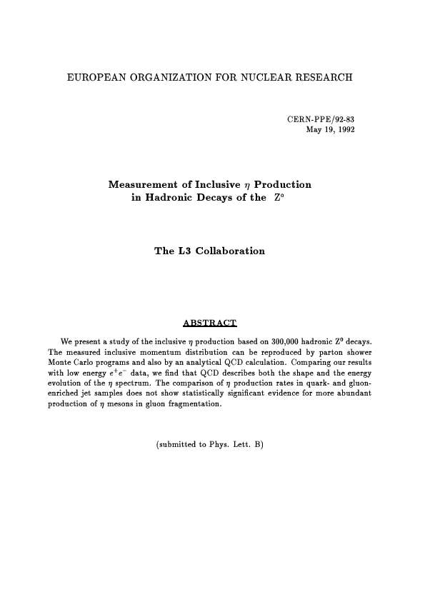 (PDF) Measurement of inclusive η production in hadronic decays of the Z0