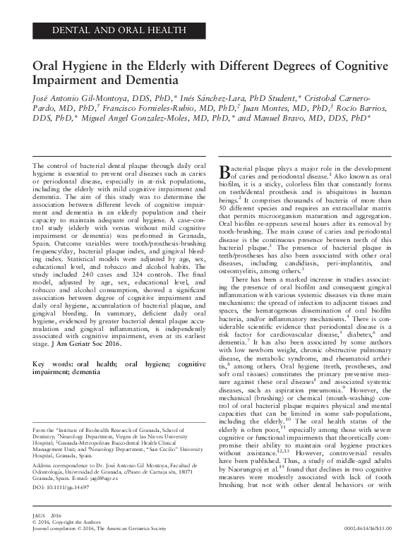 (PDF) Oral Hygiene in the Elderly with Different Degrees of Cognitive ...