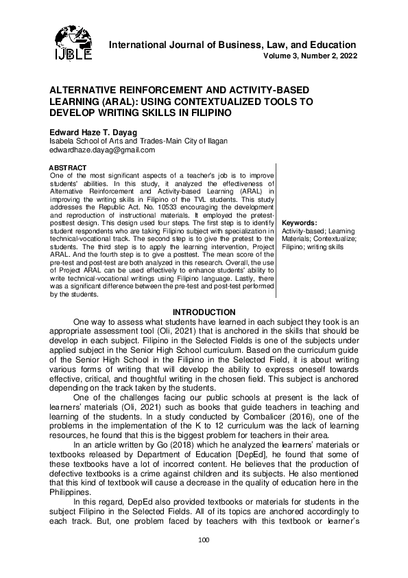 (PDF) Alternative Reinforcement and Activity-Based Learning (ARAL)