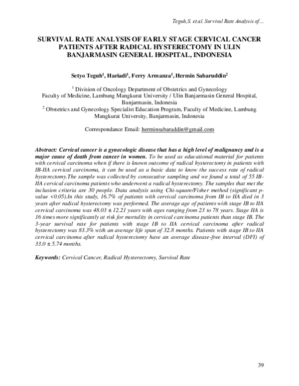 (PDF) Survival Rate Analysis of Early Stage Cervical Cancer Patients ...
