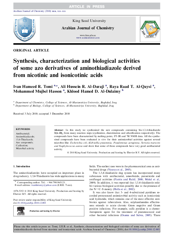 (PDF) Synthesis, characterization, and biological activity of some ...