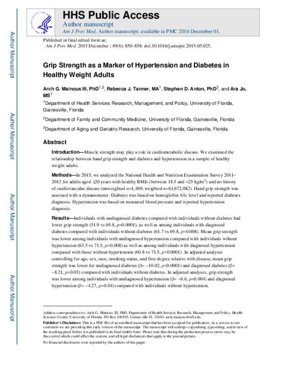 (PDF) Grip Strength as a Marker of Hypertension and Diabetes in Healthy ...