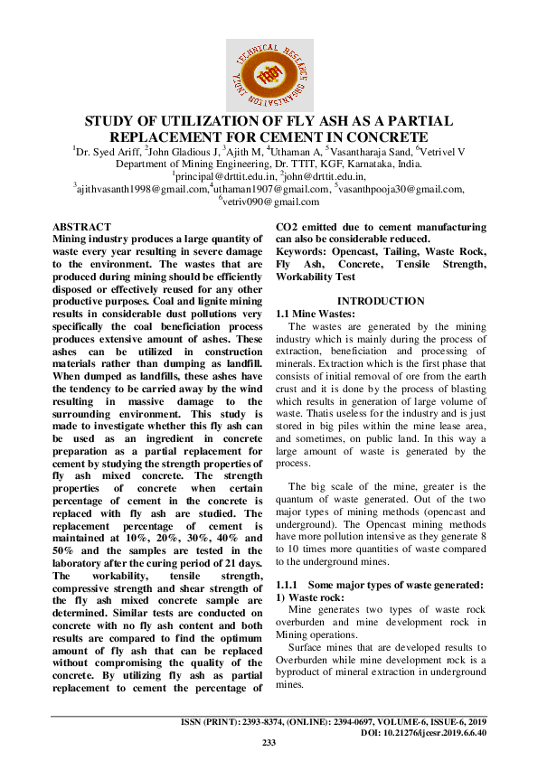(PDF) Study of Utilization of Fly Ash as a Partial Replacement for ...