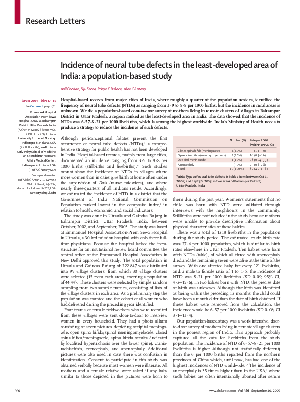 (PDF) Incidence of neural tube defects in the least-developed area of ...