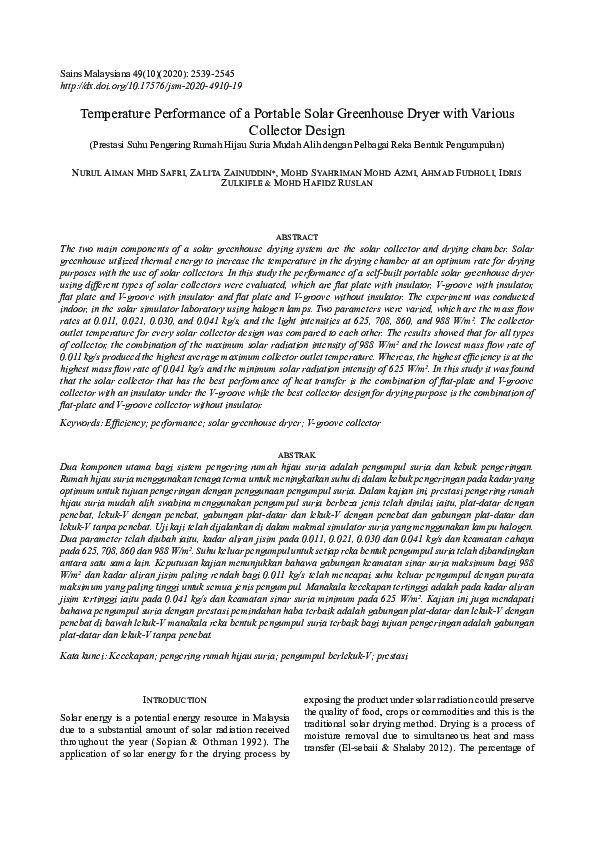 (PDF) Temperature Performance of a Portable Solar Greenhouse Dryer with ...