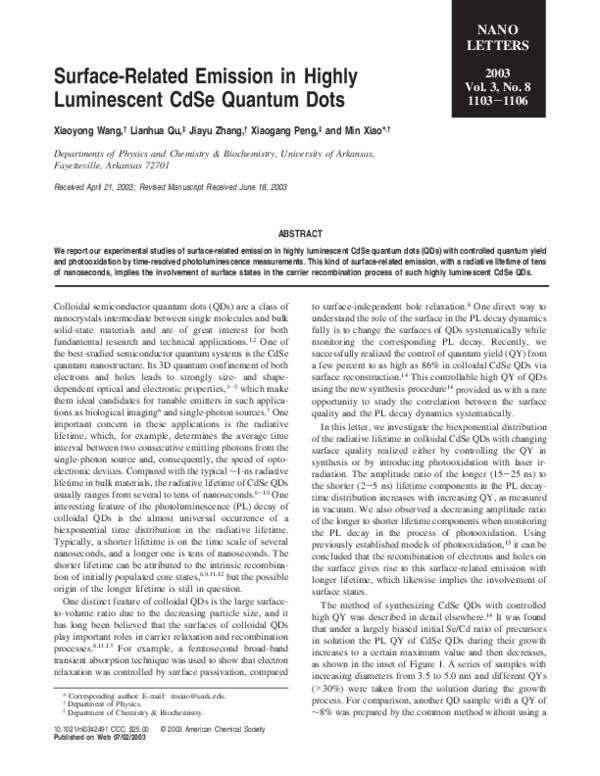 (PDF) Surface-Related Emission in Highly Luminescent CdSe Quantum Dots