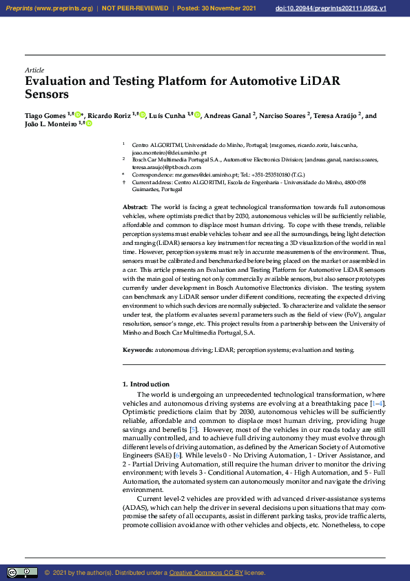 (PDF) Evaluation and Testing Platform for Automotive LiDAR Sensors