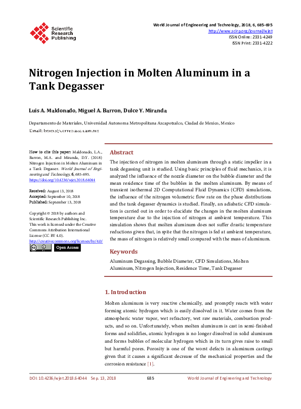 (PDF) Nitrogen Injection in Molten Aluminum in a Tank Degasser