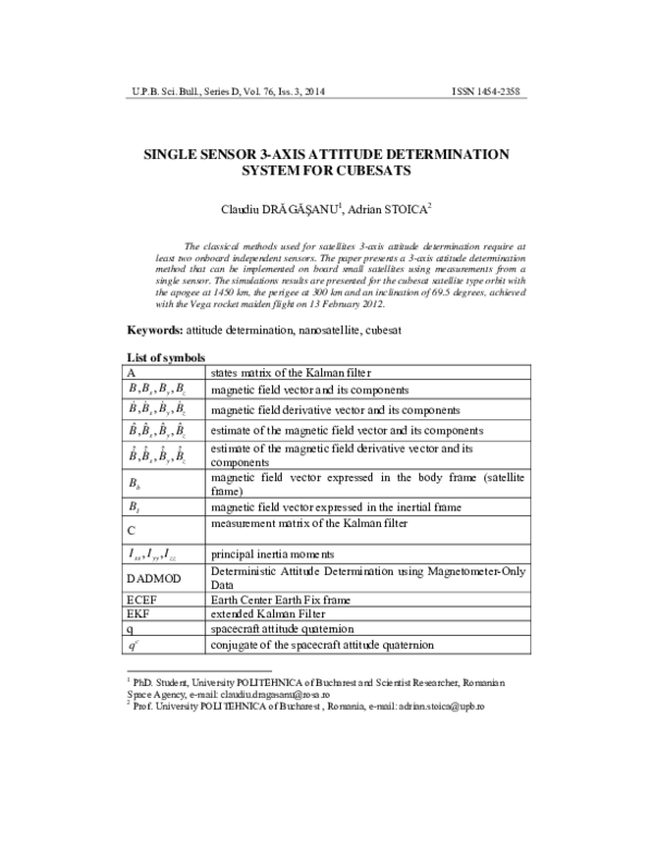 (PDF) Single Sensor 3-AXIS Attitude Determination System for Cubesats