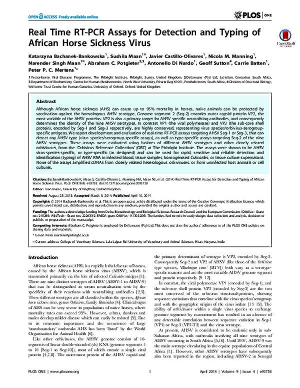 (PDF) Real Time RT-PCR Assays for Detection and Typing of African Horse ...