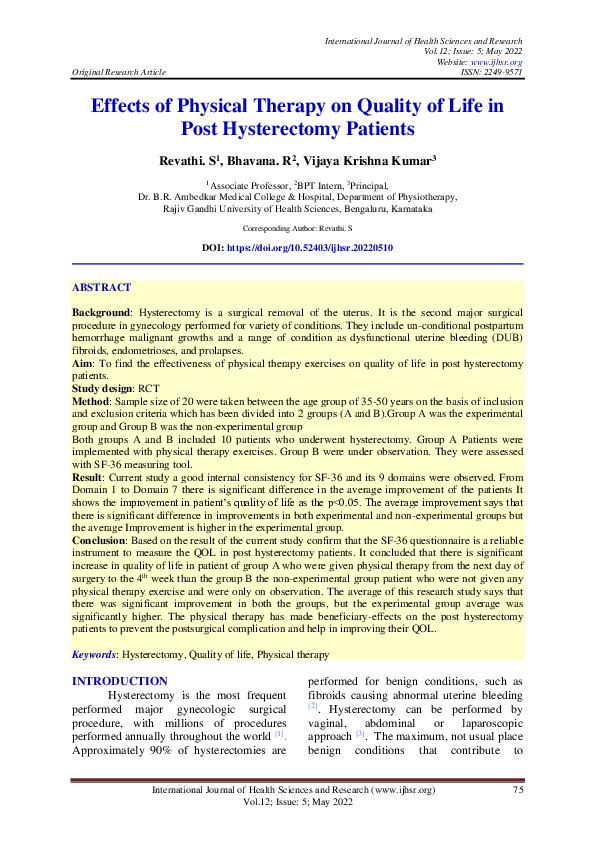 (PDF) Effects of Physical Therapy on Quality of Life in Post ...