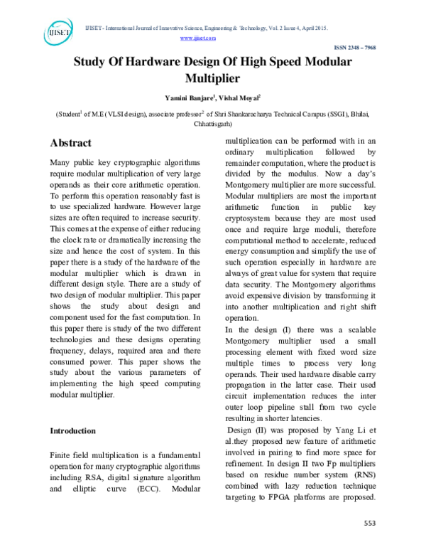 (PDF) Study Of Hardware Design Of High Speed Modular Multiplier