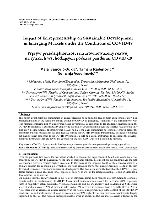 (PDF) Impact of Entrepreneurship on Sustainable Development in Emerging ...