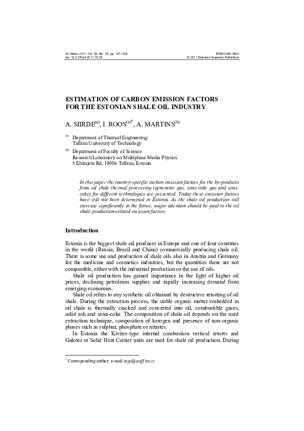 (PDF) Estimation of Carbon Emission Factors for the Estonian Shale Oil ...